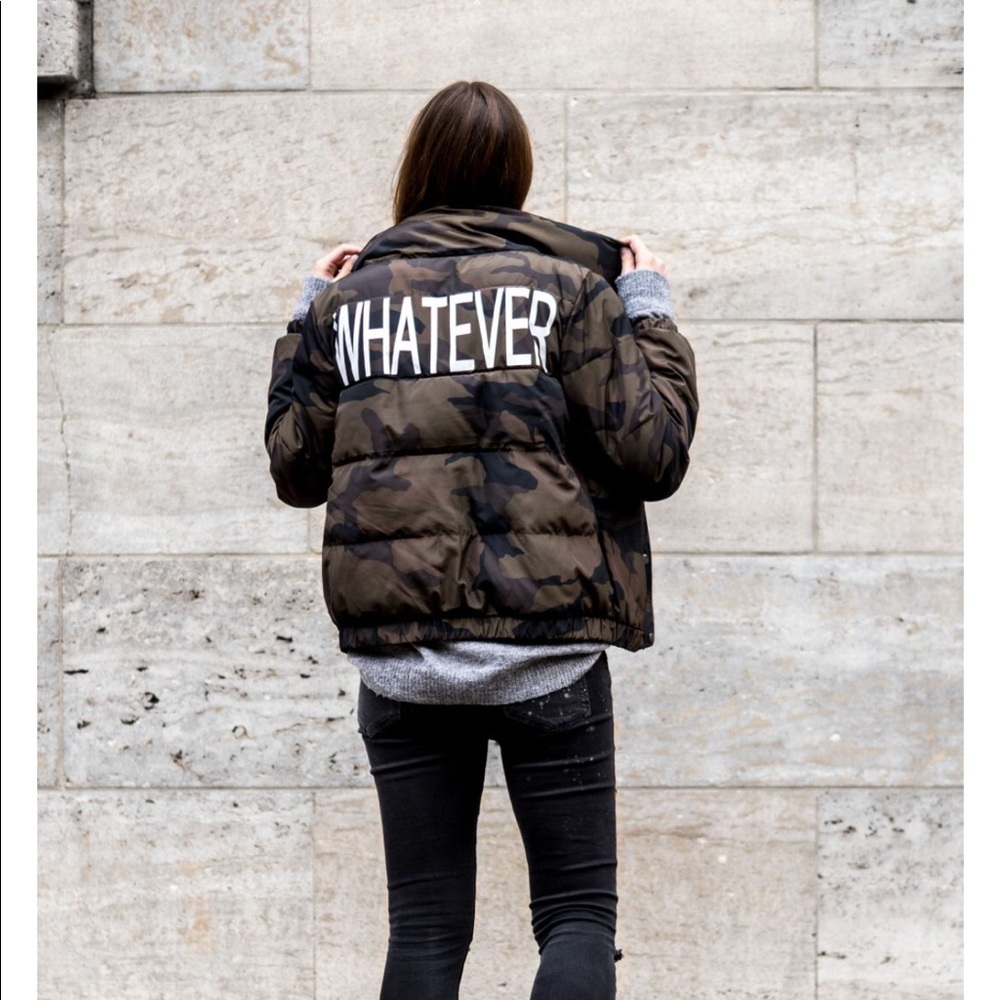 ISO Zara camo “whatever” puffer jacket